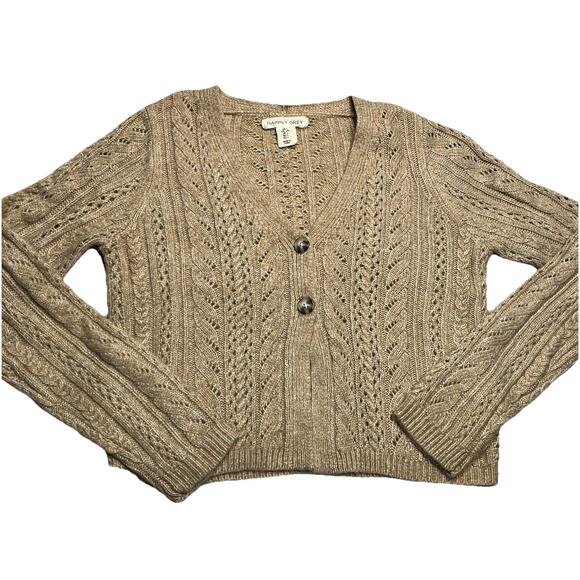 Happily Grey Women’s Cardigan Knit Sweater Lg Tan Cropped - Picture 1 of 7